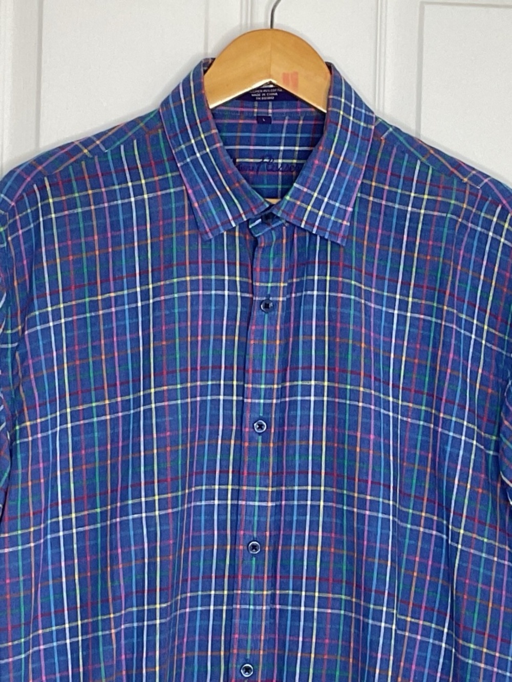 Allan Flusser Linen Blend Button Up Shirt Mens L Blue Check Pink Stripe Colorful